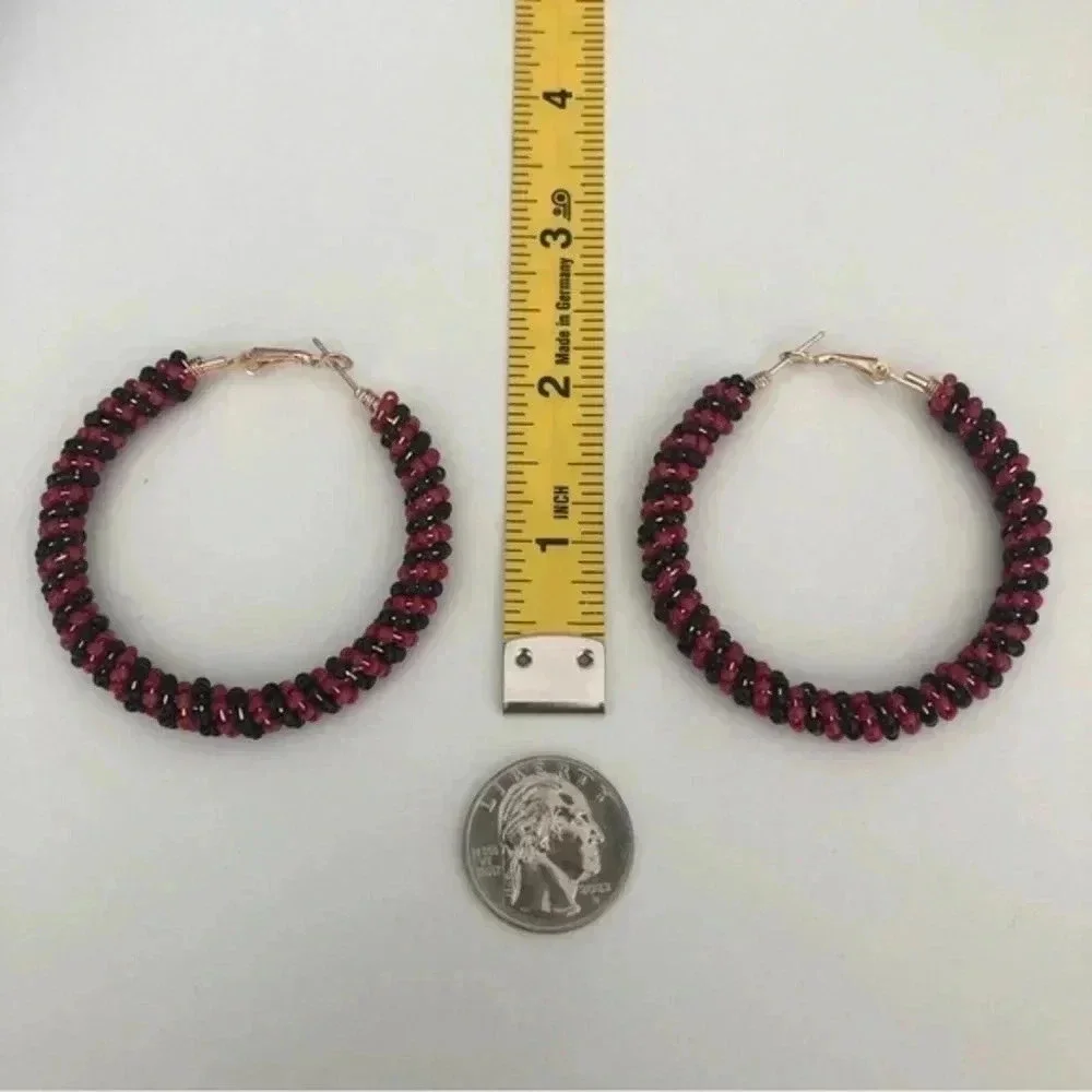 Red & Black Huge Seed Bead Stainless Steel Hoop Earrings NWT